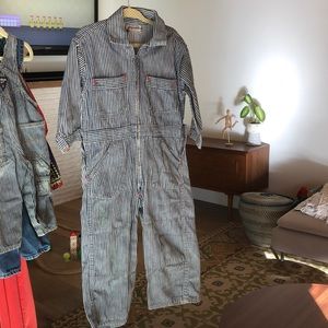 Cute striped jumpsuit. Train conductor costume.